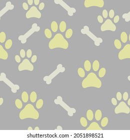 Doodle black paw prints with bone. vector seamless pattern for fabric design