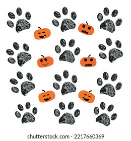 Doodle black paw prints with funny pumpkins. Happy Halloween card background