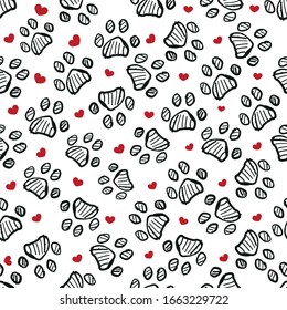 Doodle black paw prints and red hearts. Seamless pattern for textile design