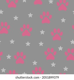 Doodle black paw prints with stars. vector seamless pattern for fabric design