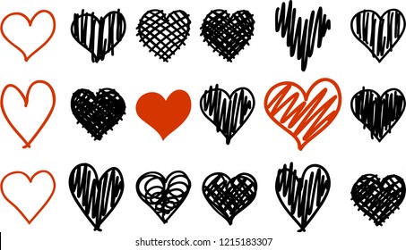 Doodle black and red heart icons isolated on white background set for your Valentines day design. Vector hand drawn sketch illustration