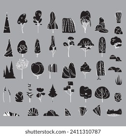 Pintura de la línea del árbol negro Doodle aislada en fondo gris. Naturaleza y paisaje de las plantas forestales Ilustración vectorial