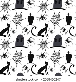 Doodle black vector Halloween seamless pattern. Grave, cat, spider's web, spider. Design for Halloween decor, textile, wrapping paper, wallpapers, sticker, greeting cards.