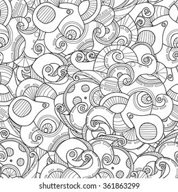 Doodle black and white abstract hand drawn vector background. Wavy seamless pattern.