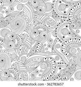 Doodle black and white abstract hand drawn background. Wavy zentangle style seamless pattern.