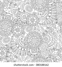 Doodle black and white abstract hand drawn mandala background. Wavy zentangle style seamless pattern.