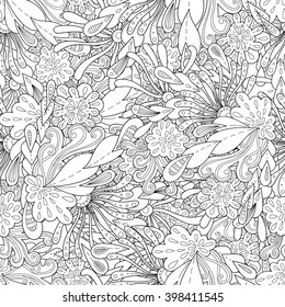 Doodle black and white abstract hand drawn vector  background. Wavy seamless pattern.
