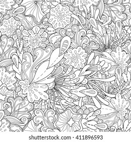 Doodle black and white abstract hand drawn background. Wavy zentangle style seamless pattern.
