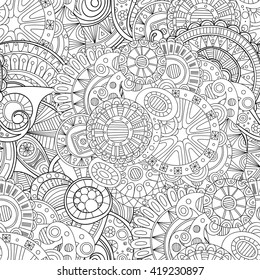 Doodle black and white abstract hand drawn vector background. Wavy zentangle style seamless pattern.