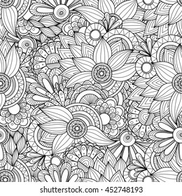 Doodle black and white abstract hand drawn vector background. Wavy zentangle style seamless pattern.