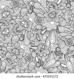 Doodle black and white abstract hand drawn vector background. Wavy zentangle style seamless pattern.