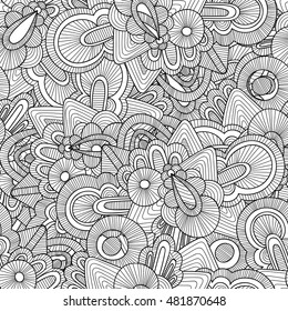Doodle black and white abstract hand drawn vector background. Wavy zentangle style seamless pattern.
