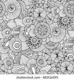 Doodle black and white abstract hand drawn vector background. Wavy zentangle style seamless pattern.