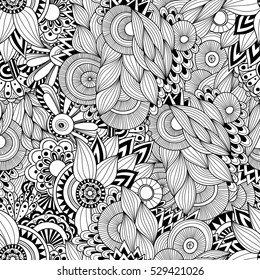 Doodle black and white abstract hand drawn vector background. Wavy zentangle style seamless pattern.
