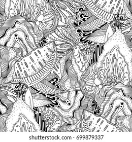 Doodle black and white abstract hand drawn background. Zentangle style wavy seamless pattern.