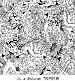 Doodle black and white abstract hand drawn vector background. Wavy zentangle style seamless pattern.