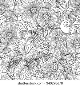 Doodle black and white abstract hand-drawn background. Wavy seamless pattern.