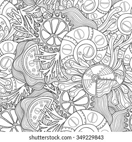 Doodle black and white abstract hand-drawn background. Wavy zentangle style seamless pattern.