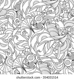 Doodle black and white abstract hand-drawn background. Wavy zentangle style seamless pattern.