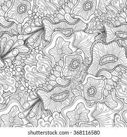 Doodle black and white abstract hand-drawn background. Wavy seamless pattern.
