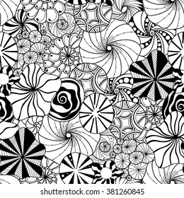 Doodle black and white abstract hand-drawn vector background. Wavy seamless pattern.