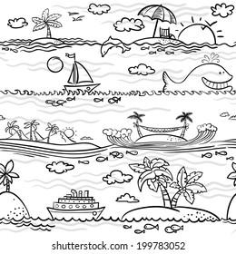 Doodle black and white beach seamless pattern