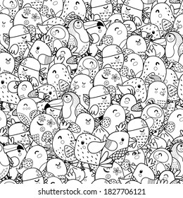 Doodle black and white bird seamless pattern. Great for coloring page for adults and kids. Outline background. Vector illustration