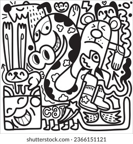 Doodle, black and white drawing of a drawing of cartoon characters, in the style of psychedelic neon, kawaii, colorful cartoon ,Illustration Vector 