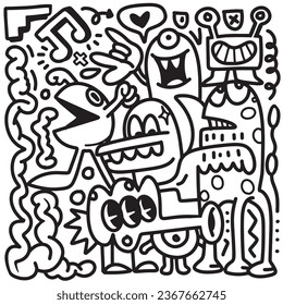 Doodle, black and white drawing of a drawing of cartoon characters in the style of psychedelic neon, chilling creatures, messy, organic forms and shapes, kawaii, line art cartoon, Illustration Vector