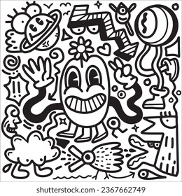 Doodle, black and white drawing of a drawing of cartoon characters, in the style of psychedelic neon, chilling creatures, messy, kawaii, line art  cartoon ,Illustration Vector 
