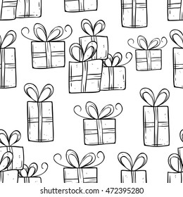 Doodle Black And White Gift Box In Seamless Pattern