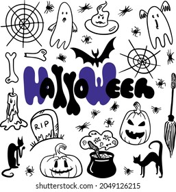 Doodle black and white halloween set for cute design. Hand draw funny cartoon elements for party investigations.