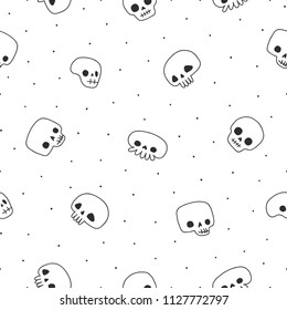 Doodle Black And White Hand Drawn Cute Naive Skulls Vector Seamless Pattern.