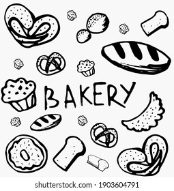 doodle black and white isolated on a white bread set .An idea for decorating menus, postcards, walls, social bakeries and pastry shops, a funny mood