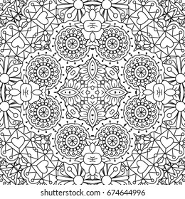 Doodle black and white ornamental pattern with round flowers and hearts. vector illustration