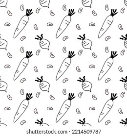 Doodle black and white outline with transparent background, vegetables seamless pattern.