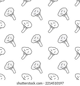 Doodle black and white outline with transparent background, broccolis seamless pattern.