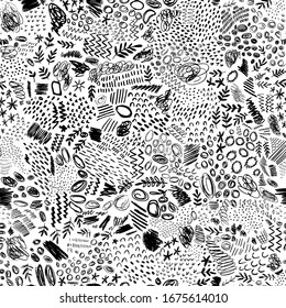 Doodle black and white seamless pattern. A large set of freehand drawn elements on paper. Pencil sketches - vector illustration.