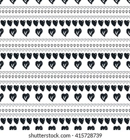 Doodle black and white seamless pattern with hearts. Valentine's day background.