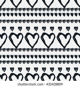 Doodle black and white seamless pattern with hearts. Valentine's day background