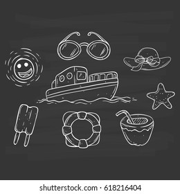 doodle black and white summer elements on chalkboard background