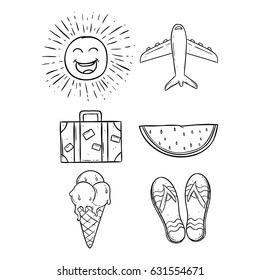 doodle black and white summer set with watermelon, ice cream and smile sun