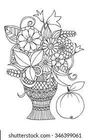 Doodle black and white vase of flowers for coloring