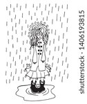 Doodle black and white vector illustration of a sad girl standing under the rain, wearing pleated skirt and rubber boots