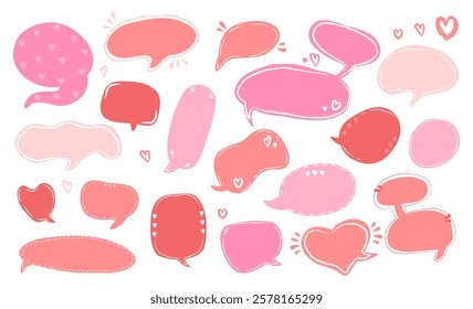 Doodle blank empty pink and red speech bubbles, social media dialogue balloon, message box shape set. Thoughts, greetings and comments communication chatbox in comic book style vector illustration