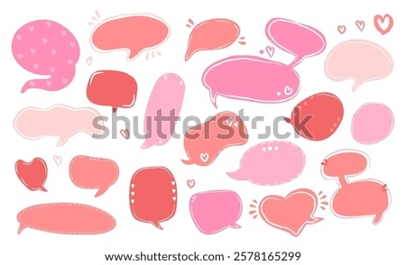 Doodle blank empty pink and red speech bubbles, social media dialogue balloon, message box shape set. Thoughts, greetings and comments communication chatbox in comic book style vector illustration