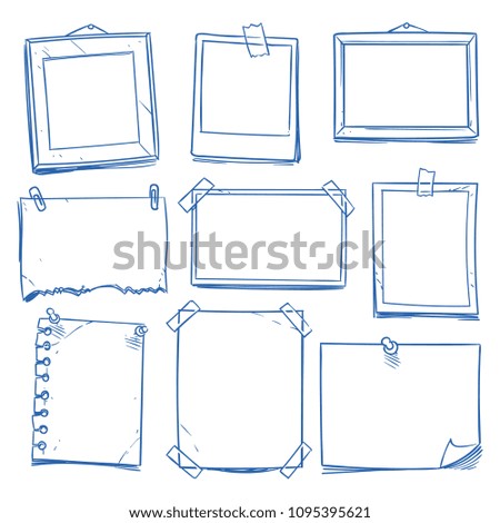 Doodle blank memo, notepaper. Hand drawn school notice and photo frames isolated vector set. Note paper sketch, sheet empty for message illustration