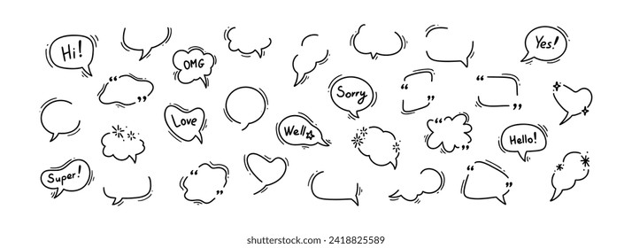 Doodle blank speech bubble set. Comic talk cloud and balloon icons. Speak, think, chat, conversation, dialog, discussion cartoon hand drawn concept. Space for text. Manga style. Quotation box