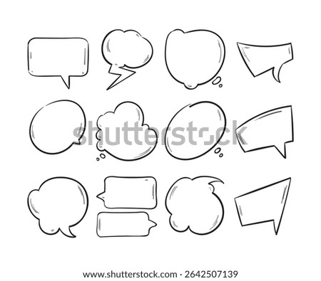 Doodle blank speech bubbles, hand drawn cartoon thinking shapes vector set. Cartoon cloud collection. Comic speech bubble frame. Hand drawn retro cartoon stickers. Pop art style. Vector illustration.