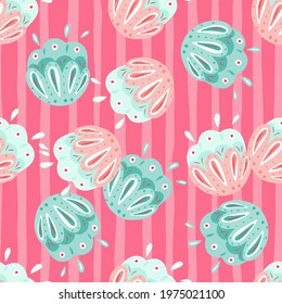 Doodle bloom seamless pattern in abstract style with folk flowers shapes. Pink striped background. Random print. Great for fabric design, textile print, wrapping, cover. Vector illustration.
